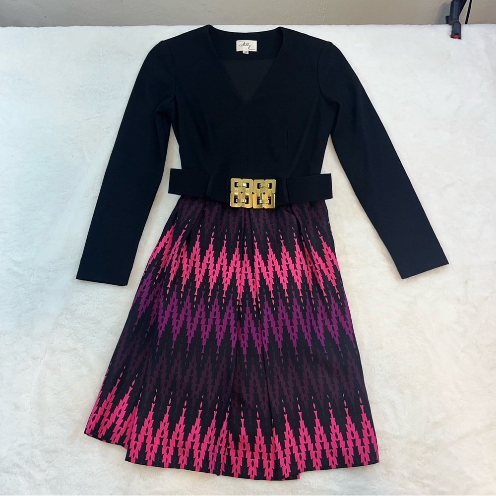 Milly Long Sleeve V Neck Belted Mini Dress Womens Sz 4 Black Pink Silk Blend - Picture 6 of 13